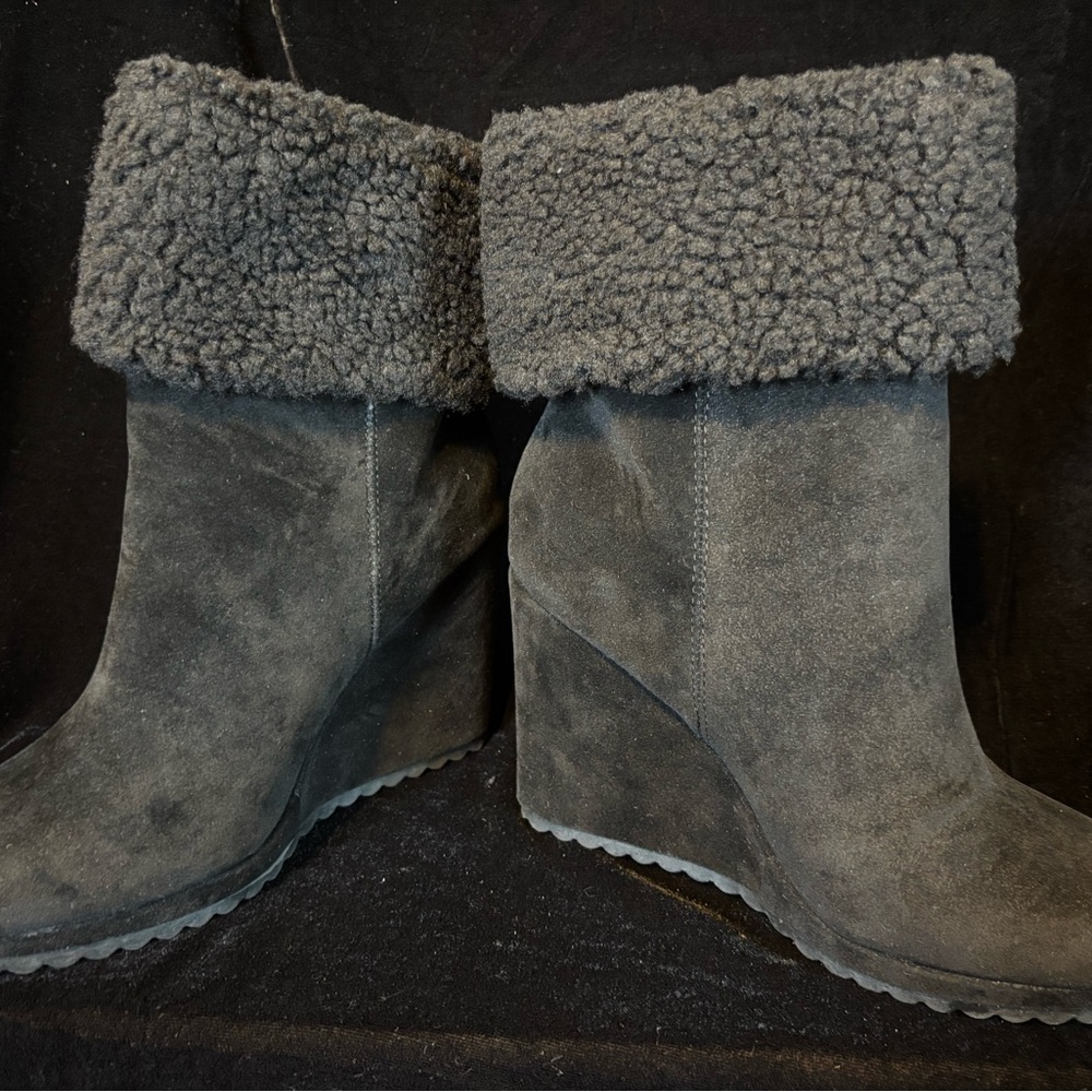 Women's Black Suede Wedge Boots with Fold-Over Shearling Cuff